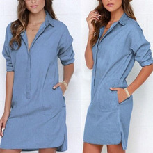 Women Lapel Denim Jean Shirt Botton Tops Blouse Casual Loose Tunic Mini Dresses