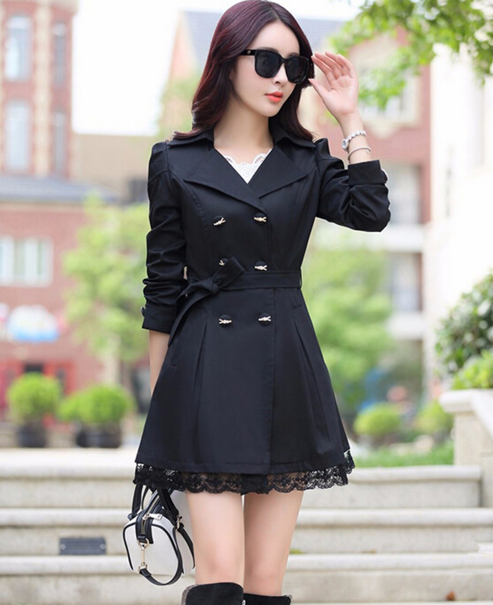 2015 Autumn New Trench Coat With Belt Women Mid Long Style Double Breasted Lace Patchwork Coats