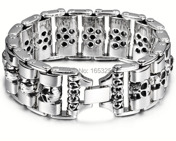 Stainless Steel Fashion Wide Skull Bracelet, 8.3 X 0.9 In