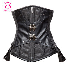 Brocade&Leather Zipper Waist Training Underbust Corset Steampunk Plus Size Corsets And Bustiers Black Waist Cincher Steel Boned