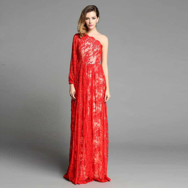Designer Dress 2016 Summer Red Fashion Brand Mesh Lace Embroidery Off Shoulder Split Runway Elegant New Year Long Dress