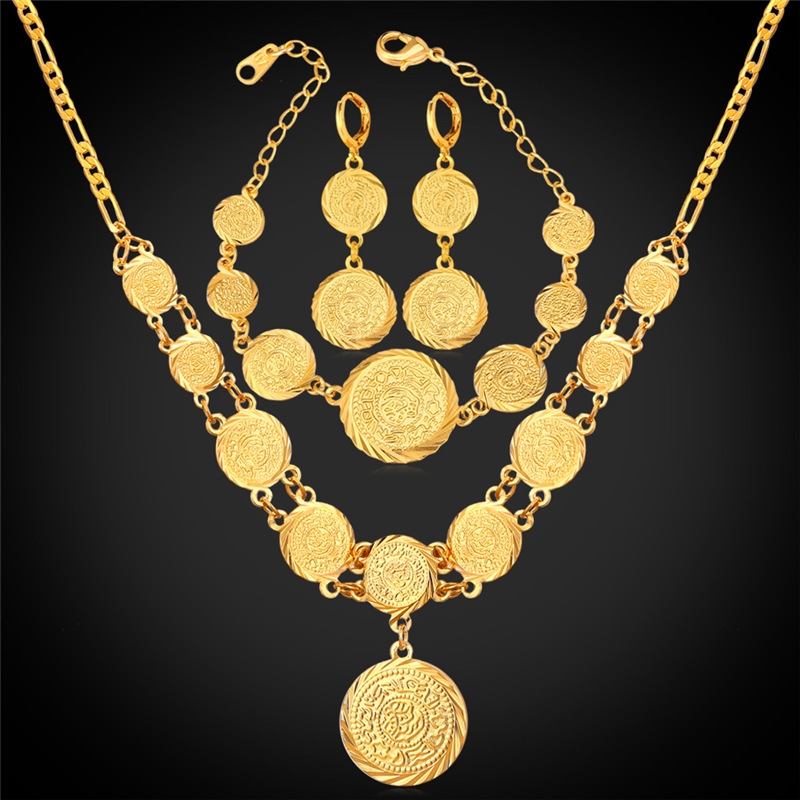Coin Necklace Bracelet Earrings Women Muslim Arab Money Sign 18K Gold