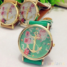 Women’s Faux Leather Floral Printed Anchor Quartz Dress Wrist Watch 1NTS