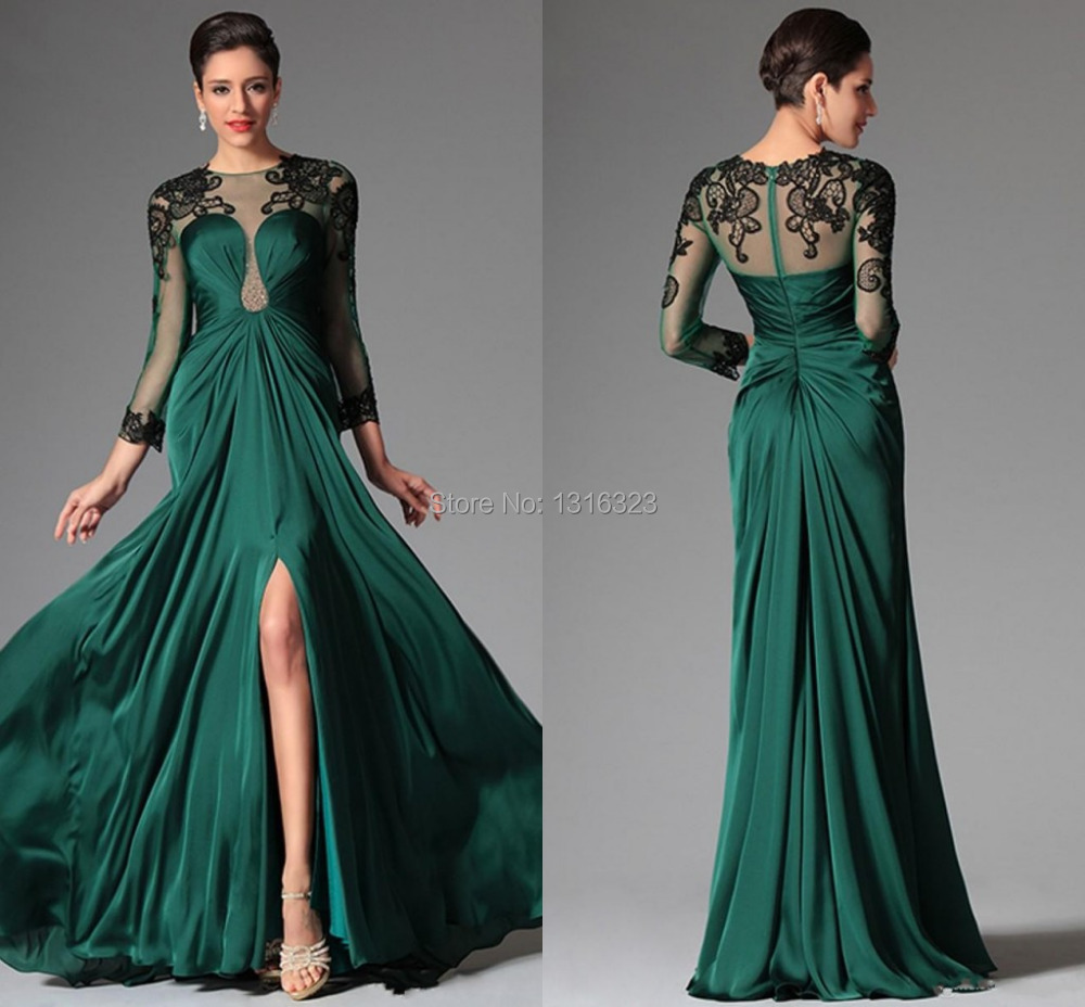 Emerald Illusion Long Sleeve 2014 Evening Dresses Sheer Crew Neckline A Line Appliques Green Prom Gown