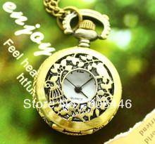 Steampunk Elegant Women gift Quartz Pocket Watch Small code birdcage bronze color Nostalgic FREE SHIPPING Necklace