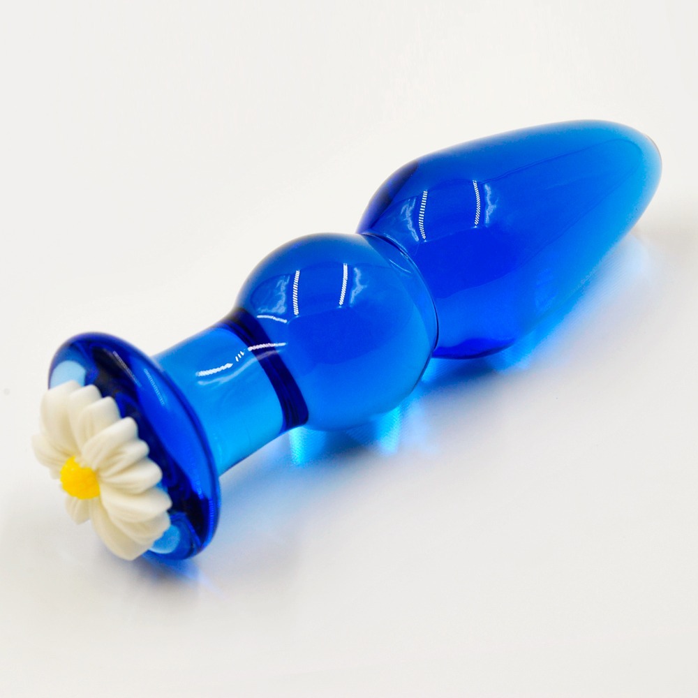 Crystal Pyrex Glass Anal Plug With Bead Flower Ornament Blue Butt Plug 
