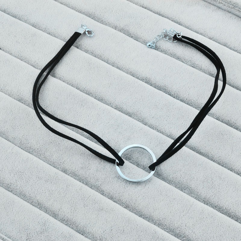 Leather With Round Pendant Choker Necklace 