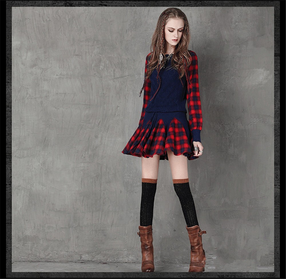 Vintage Wool WINTER DRESS 2016 Casual Knitting Long Sleeve Women Dress Plaid Sashes Patchwork Sweater Dress Woman O-neck Vestido (9)