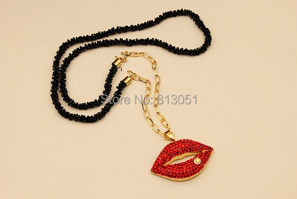 Free shipping!!!Zinc Alloy Sweater Chain Necklace,Hot Style, with Glass Seed Bead, Lip, gold color plated