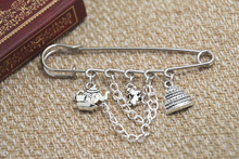 12pcs Alice in Wonderland inspired tea party charm with chain kilt pin brooch (50mm)