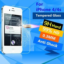 Hot Sale 0.3 mm 9H Hard Front Transparent Clear Tempered Glass Screen Protector for iPhone 4 4S Protective Retail Package