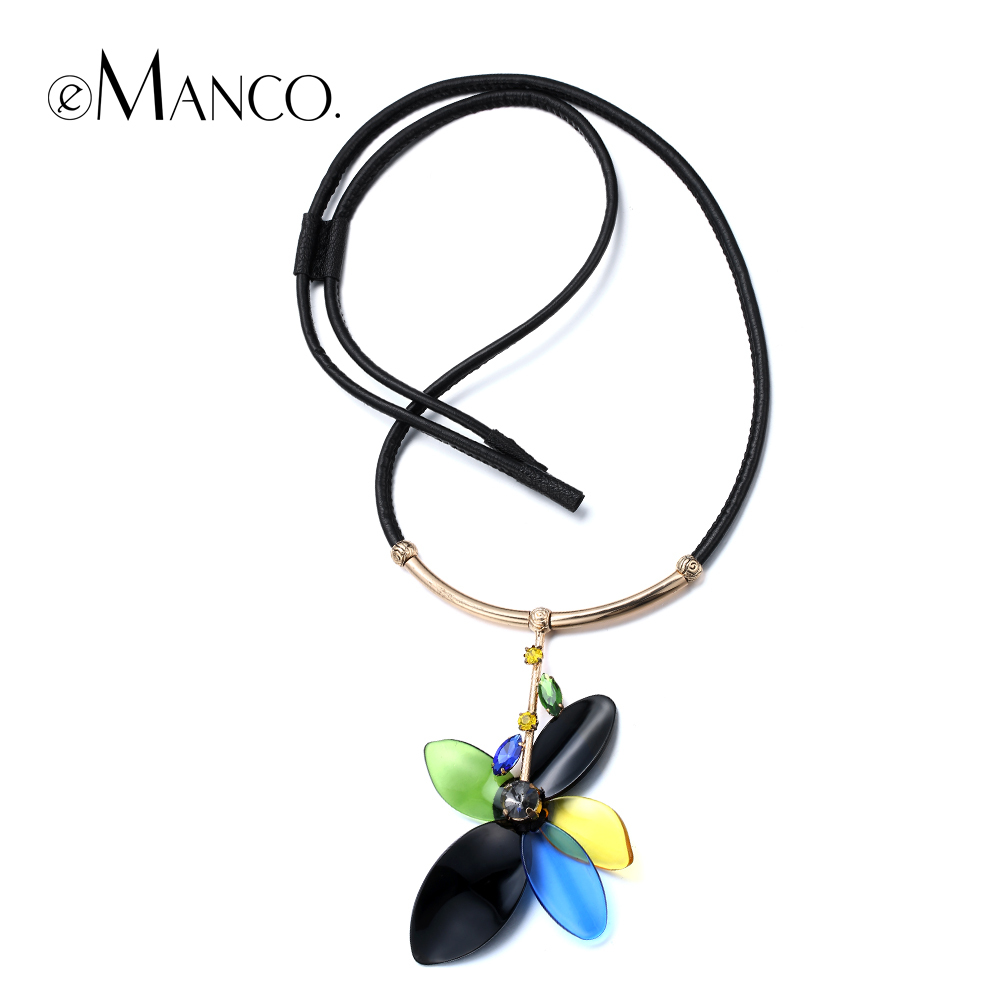 Acrylic flower pendant leather cord necklace emanco 2016 spring new arrival women crystal zinc alloy necklace fashion jewelry