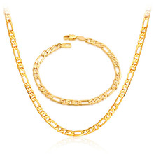 18K Real Gold Plated Necklace Set Wholesale Factory Price 3 Sizes New Trendy Figaro Chain Necklace Bracelet Men Jewelry Set