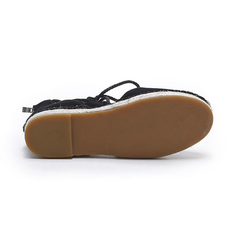 2017 SpringAutumn Mujeres alpargatas holgazán Punta Redonda Cómoda Cáñamo Inferior Zapatos Frisherman Cortada Encaje Hasta Zapato Mujer Negro en Mocasines