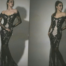 Robe Oriental Arabe Arabic Evening Gowns Dresses Long Sleeve See Through Lace Appliques Off Shoulder Black Mermaid Evening Dress