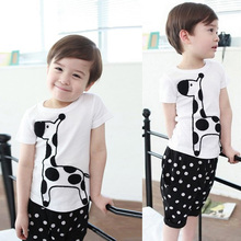 Children Boy Baby Giraffe Print Tops Shirt + Dots Short Pants Sets Kids Clothes 2PCS Suit