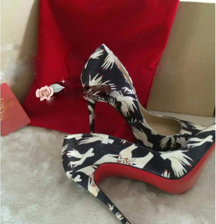 REAL PHOTO Red Bottom sole High Heels Pumps Shoes printed hands pointed toe black white stiletto ...