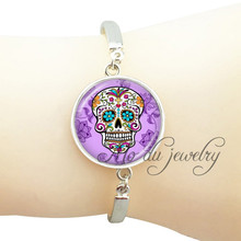 Punk style purple sugar skull bangle cross pendant glass cabochon skeleton pendant steampunk sugar skull jewelry wholesale