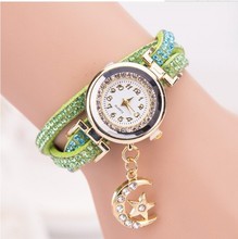 Cristal relojes mujer 2015 estilo europeo reloj luna nueva cadena larga de la joyería vestido de punto ocasionales Long cuero reloj de cuarzo