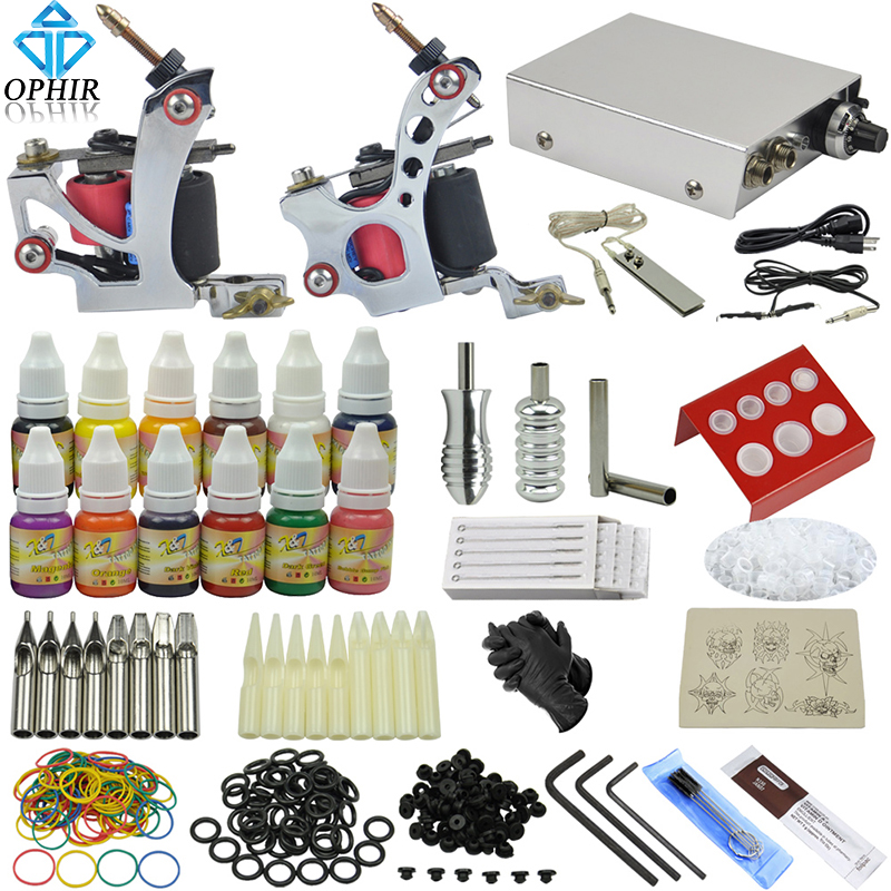 OPHIR Free Shipping Complete 2 Tattoo Machine Guns Kit Equiment Power Supply Ink Pigment Set #TA069