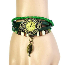 2016 New Fashion women wristwatches With Weave Wrap quartz watch PU Leather Leaf Beads Wrist watches