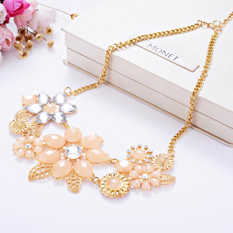 Collier wholesale Fashion Pink Flower Necklace Elegant Women Gold Jewelry Choker Bib Statement Collar Chain Pendant