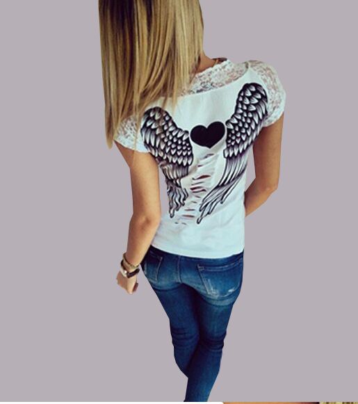 Fashion Women s T shirt Back Hollow Angel Wings T shirt Tops Summer Style Woman Lace