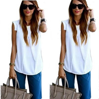 2015 New Women Chiffon Tops Shirt Loose Summer blusa Lady Casual Sleeveless blusas feminina blouse QZ238