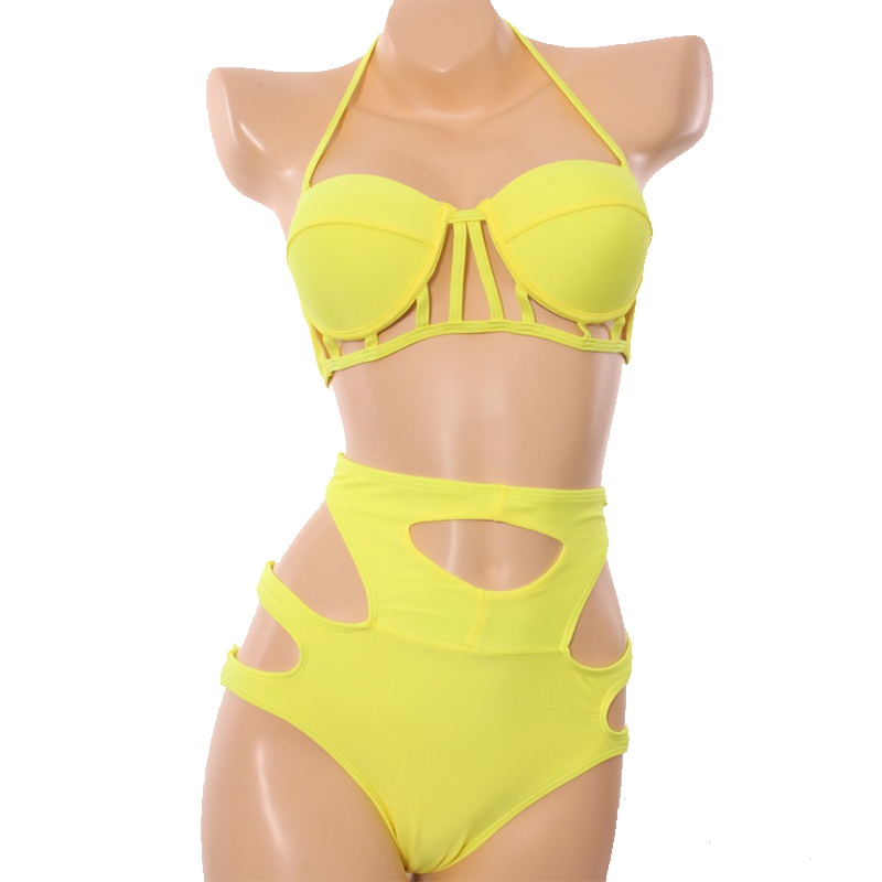 2015 Women Push Up Bikini Set Symmetrical Cut Out High Waist Swimsuit