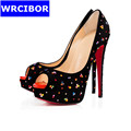 2017 Woman Sexy Thin High Heels Peep Toe high heeled shoes Fashion Bling decoration Platform Red