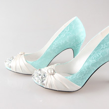 Handmade mint green lace shoes with ivory fake pearls rhinestone crystal woman shoes bridal wedding party evening dress pumps