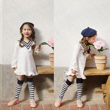 2-7Y Baby Girls Fancy Long Sleeve Autumn Dress Baby girl Cotton Navy style V collar dress Girls Autumn clothing F3