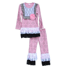 Persnickety Remake Baby Girls Spring Clothing Pink Damask Lace Bib Top Lace Ruffle Pants Kids Boutique Lovely Clothing CO024