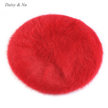 Daisy & Na Floral Beret Hat Dress Hat Crochet Real Rabbit Fur Beanie Cap Fluffy 026