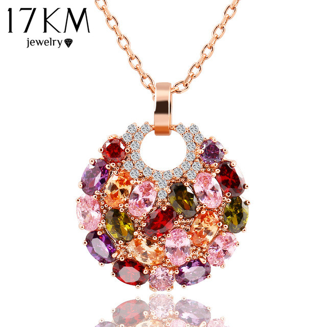 Trendy Alloy Link Chain Colorful Round Crystal Pendant Necklace Fashion Design Flower Jewelry Zircon Necklaces For