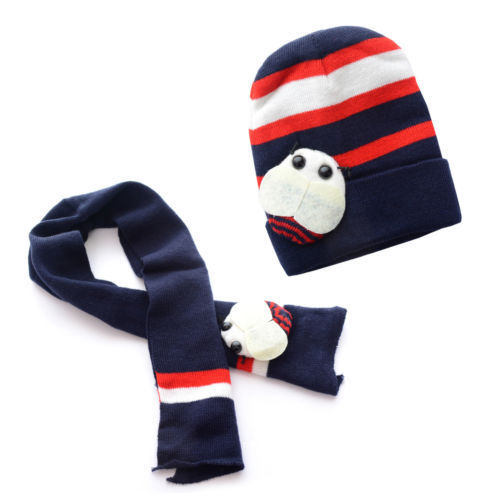 Cute 2PCS Striped Dark Blue Ladybird Knit Kids Beanie Hats Set Winter Scarf And Headwear New Free Shipping #LN