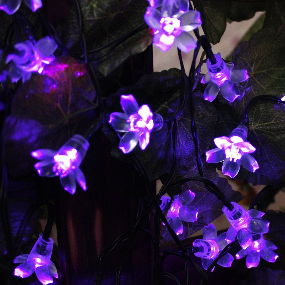 Solar light outdoor fairy lights waterproof lighting 50Led purple blossom solar string light for ...