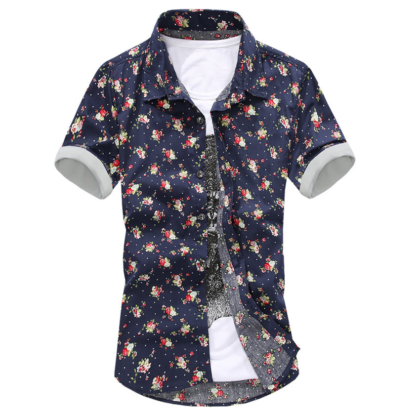 2015 New Spring Summer Style High Quality Men Polka Dot Floral Men shirt Male Casual Short