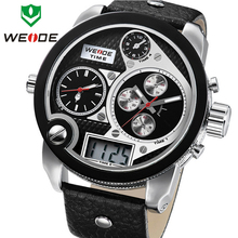 Weide marca gran Dial hombres impermeables de cuarzo reloj de pulsera de cuero LCD Dual Time Display multifunción analógico digital relojes deportivos