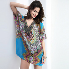 2016 Summer Women Bohemian Blouse Sexy Loose Chiffon Tops Batwing Sleeve Floral Print Shirts Ladies Beach Cover up Plus Size A50