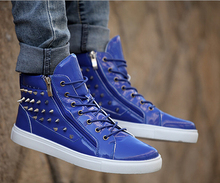 new 2014 men fashion sneakers high top rivet patent leather shoes hip hop shoes breathable heihgt