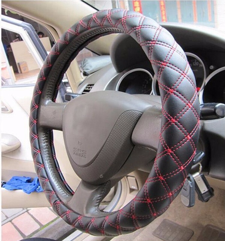 Microfiber Leather Steering Wheel Cover Stitched with Red Thread Line (3)