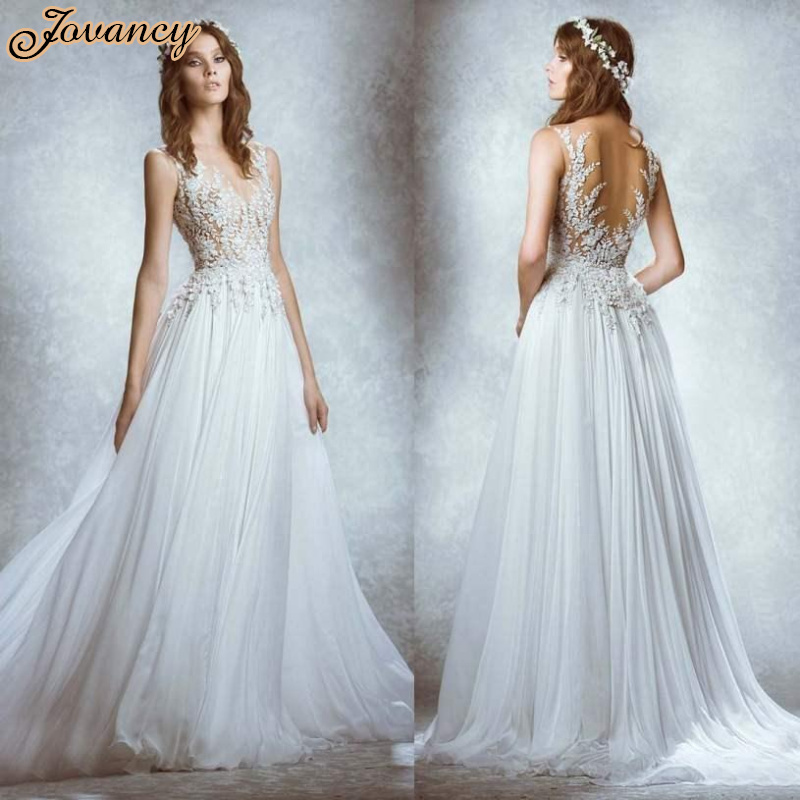 Zuhair Murad Sexy Lace Sheer High Neck Backless White Chiffon Court Train Wedding Bridal Dresses