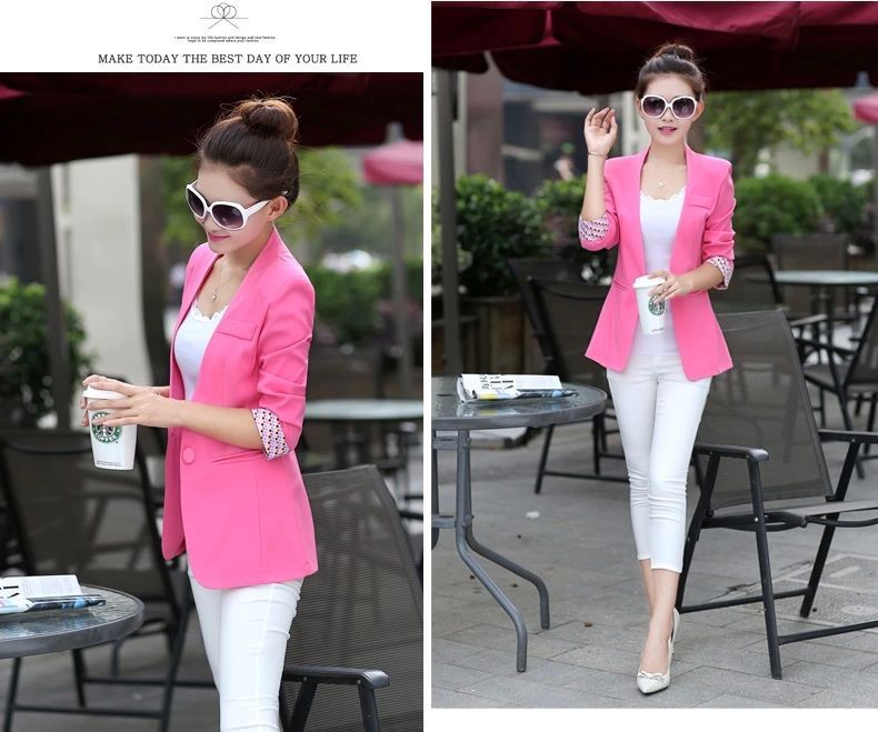 2015 New Women\'s Blue Blazer Summer Office Wear Purple Suit Sexy V-neck Color Patterns Stitching Sleeve Casual Blazer 6 Color 19
