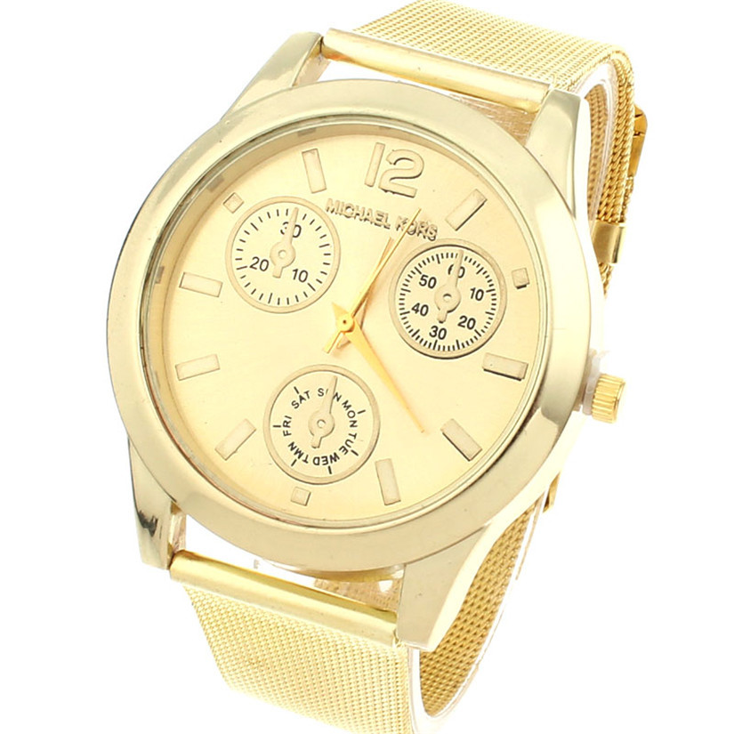 2015 Fashion Golden Belt Quartz Wrist Hour Gold Bracelet Big Dial Watches Wristwatches Men Women Watch