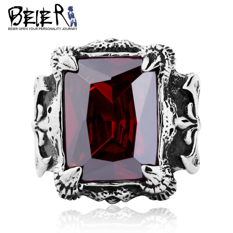 Man Punk Rings Vintage 316L STAINLESS Steel Red Gem Finger Ring With Stone Fashion Jewelry Hot