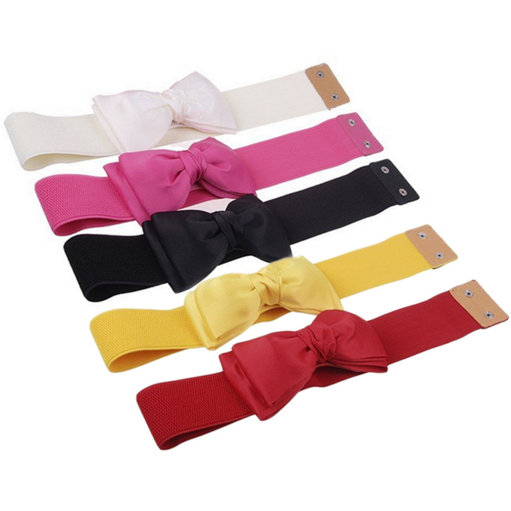 Fashion Women Lady Bowknot Elastic Bow Wide Stretch Buckle Waistband Waist Belt 5 Colors Free Shipping