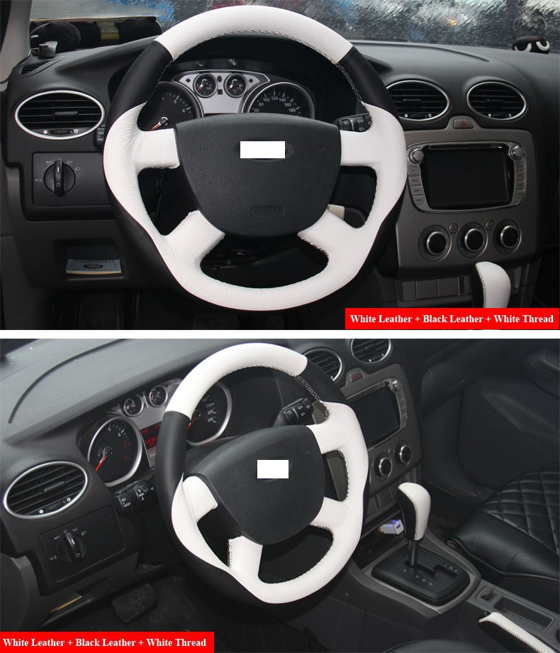 for Ford Focus 2 2005-2012 White Black Leather White Thread Steering Wheel Cover