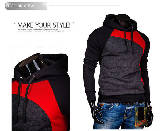 2014 New Winter Fashion Men's Hoodies Patchwork Three Colors Napping Casual Men's Sweatshirts Hooded Collar Men Coats 9 Colors