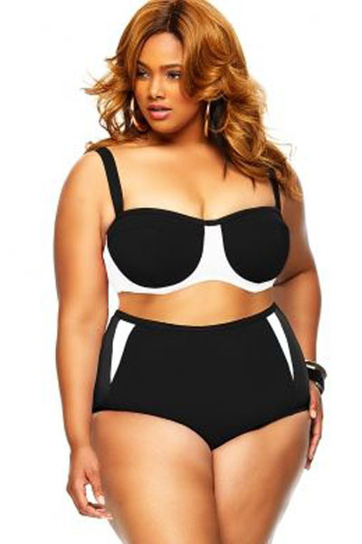 Black-Plus-Size-High-Waist-Color-Block-Women-Bikini-LC41466-2